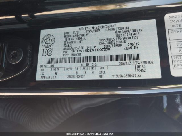 1FTFW1ED2MFD07330 Ford F-150 Platinum