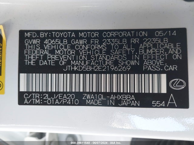 JTHKD5BH2E2196269 Lexus CT 200H