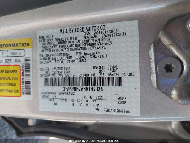 Ford FUSION SE 2017 3FA6P0H76HR149036 Image 9