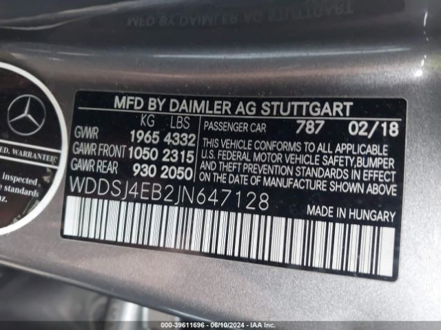 WDDSJ4EB2JN647128 Mercedes-Benz CLA 250