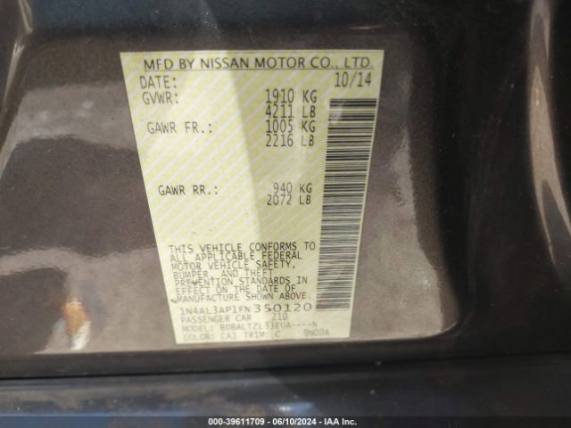 1N4AL3AP1FN350120 Nissan Altima 2.5/2.5 S/2.5 Sl/2.5 Sv