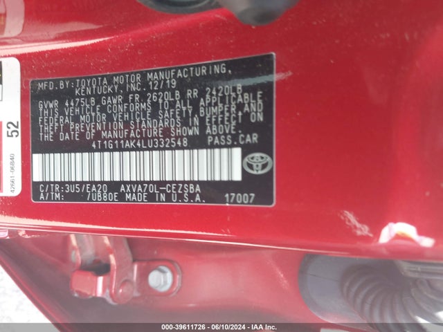 Toyota CAMRY SE 2020 4T1G11AK4LU332548 Image 9
