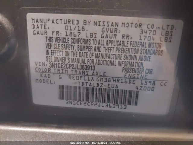 3N1CE2CP2JL363913 Nissan Versa Note Sv