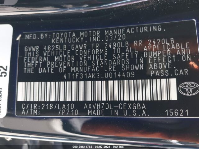 4T1F31AK3LU014409 Toyota Camry Xle Hybrid