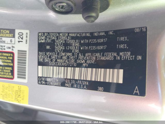 5TDYZ3DCXHS772710 Toyota Sienna Xle Premium 8 Passenger