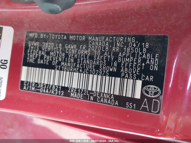 Toyota COROLLA LE 2018 2T1BURHE4JC102975 Image 9