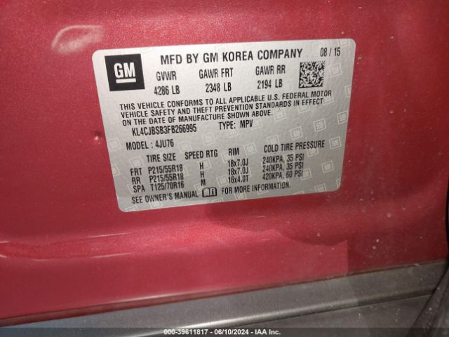 KL4CJBSB3FB266995 Buick Encore Convenience