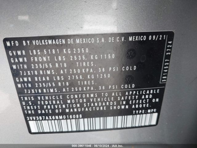 3VV3B7AX6NM016088 Volkswagen Tiguan 2.0t Se