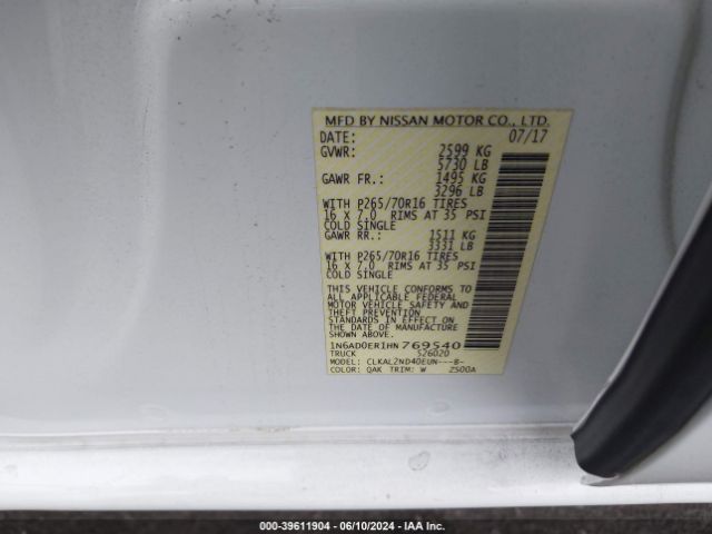 1N6AD0ER1HN769540 Nissan Frontier Sv