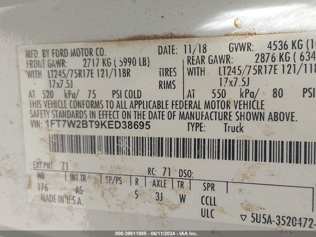 Ford F-250 Xl 2019 1FT7W2BT9KED38695 Image 9