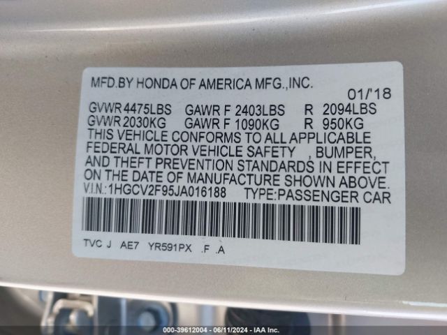 1HGCV2F95JA016188 Honda Accord Touring 2.0t