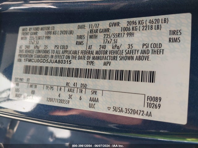 Ford ESCAPE SE 2018 1FMCU0GD5JUA80315 Image 9