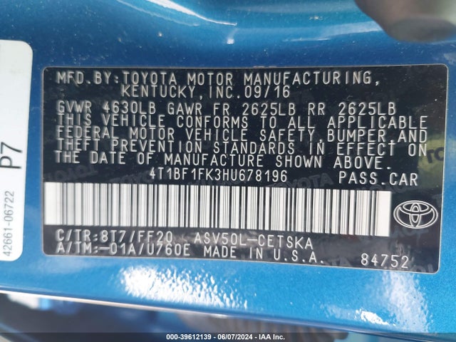 Toyota CAMRY SE 2017 4T1BF1FK3HU678196 Image 9