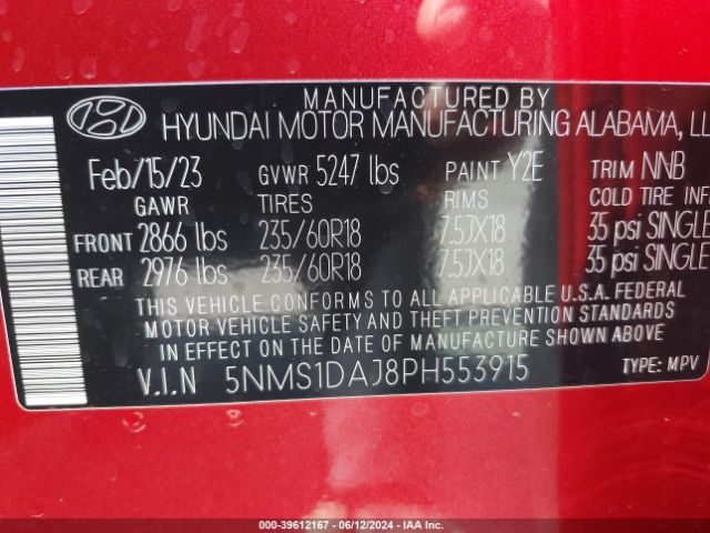 5NMS1DAJ8PH553915 Hyundai Santa Fe Se