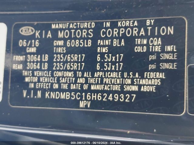 KNDMB5C16H6249327 KIA SEDONA LX