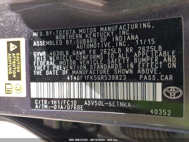 Toyota CAMRY LE 2016 4T4BF1FK5GR539823 Image 9