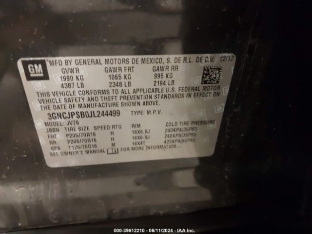 3GNCJPSB0JL244499 Chevrolet Trax Lt
