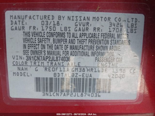 3N1CN7AP2JL874036 Nissan Versa 1.6 Sv
