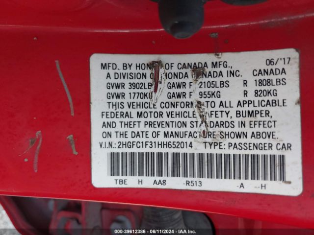 2HGFC1F31HH652014 Honda Civic Ex-t
