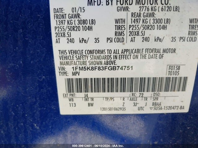 Ford Explorer Limited 2015 1FM5K8F83FGB74751 Image 9