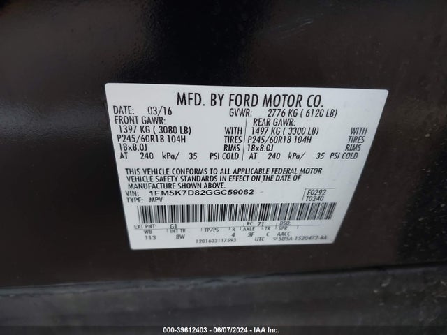 Ford EXPLORER XLT 2016 1FM5K7D82GGC59062 Image 9