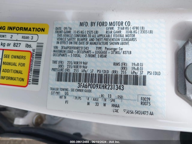 Ford Fusion Titanium 2017 3FA6P0D9XHR231343 Image 9