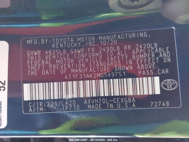 4T1F31AK2MU549751 Toyota Camry Xle Hybrid