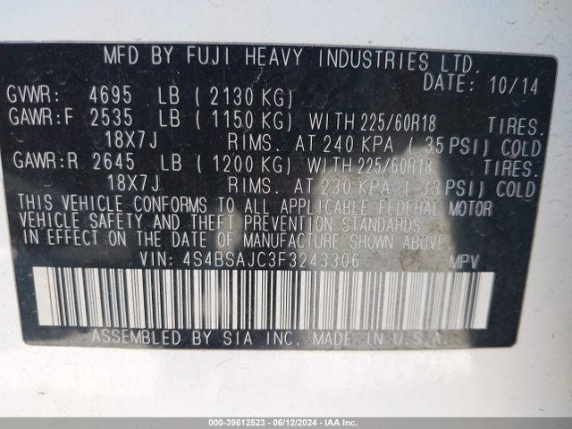 Subaru Outback 2.5i Limited 2015 4S4BSAJC3F3243306 Image 9
