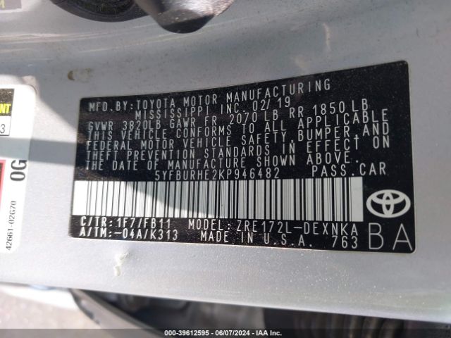 5YFBURHE2KP946482 Toyota COROLLA LE