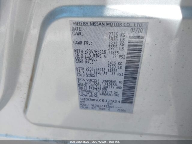 5N1DR2BM5LC612924 Nissan Pathfinder Sv 4wd