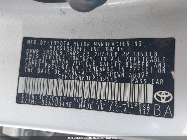 Toyota COROLLA L 2015 5YFBURHE3FP199545 Image 9