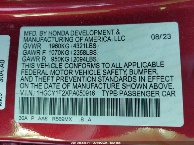 1HGCY1F2XPA050916 Honda ACCORD LX