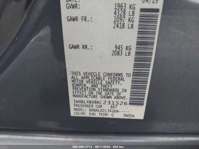 Nissan Altima 2.5 S 2019 1N4BL4BV8KC231526 Image 9