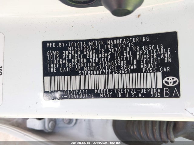 Toyota COROLLA L 2015 5YFBURHE7FP259651 Image 9
