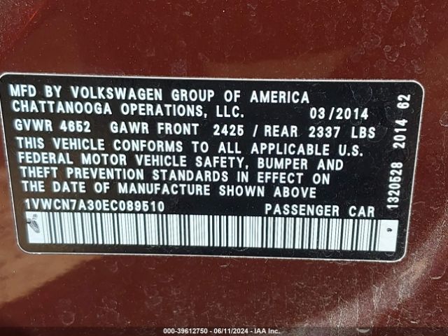 1VWCN7A30EC089510 Volkswagen Passat 2.0l Tdi Sel Premium