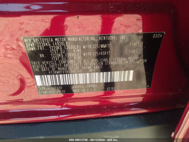 4T3RWRFV1RU140340 Toyota Rav4 Xle Hybrid