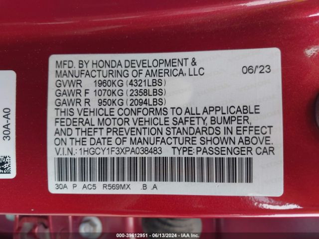 1HGCY1F3XPA038483 Honda ACCORD EX
