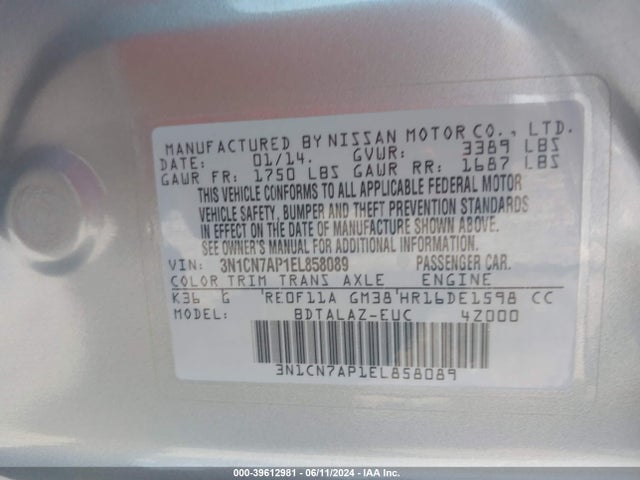 Nissan Versa 1.6 S+ 2014 3N1CN7AP1EL858089 Image 9