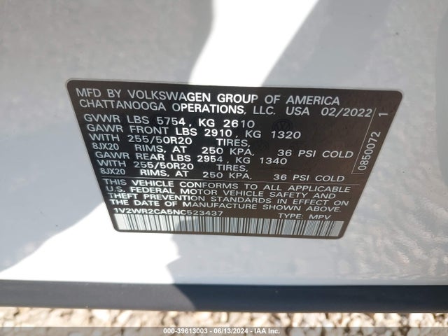 1V2WR2CA5NC523437 Volkswagen Atlas 3.6l V6 Se W/technology