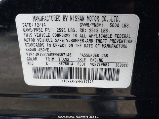 Продаж на аукціоні авто 2015 Infiniti Q50, vin: JN1BV7AR9FM397146, номер лоту: 39613038