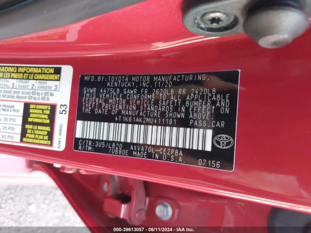 2021 TOYOTA CAMRY 4T1K61AK2MU411181 Photo 8
