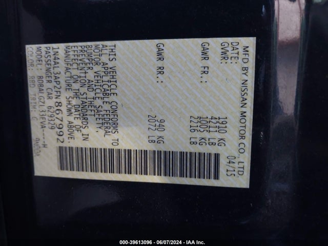 Nissan Altima 2.5 S 2015 1N4AL3AP2FN867992 Image 9