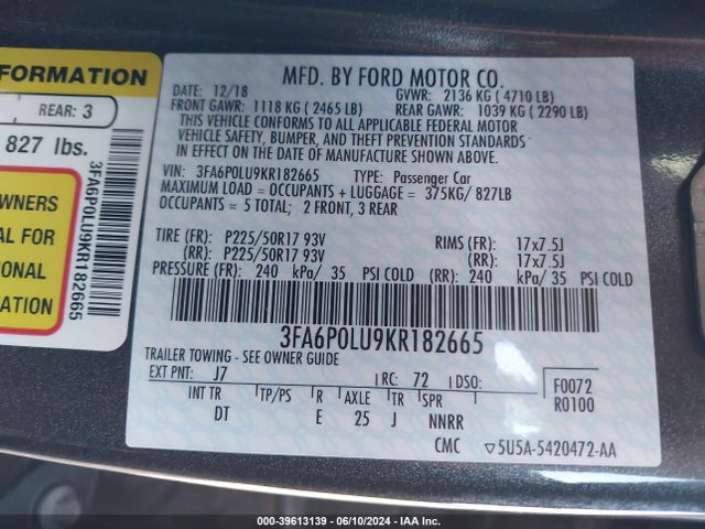 Ford Fusion Hybrid Se 2019 3FA6P0LU9KR182665 Image 9