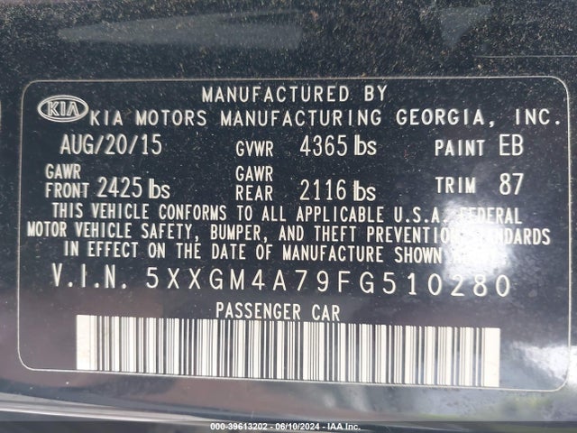 Aukcja sprzedaży 2015 Kia Optima Lx, vin: 5XXGM4A79FG510280, numer aukcji: 39613202