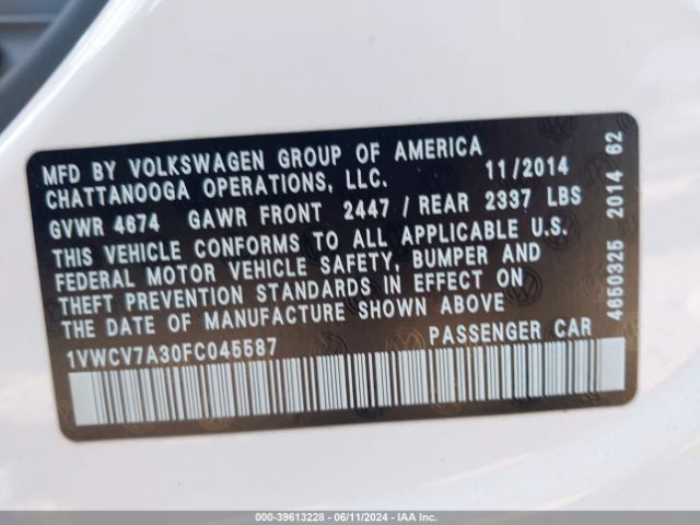 1VWCV7A30FC045587 Volkswagen Passat 2.0l Tdi Sel Premium