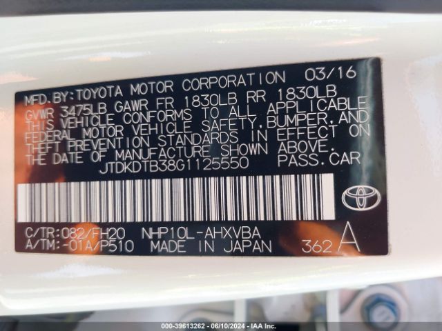 JTDKDTB38G1125550 Toyota Prius C One