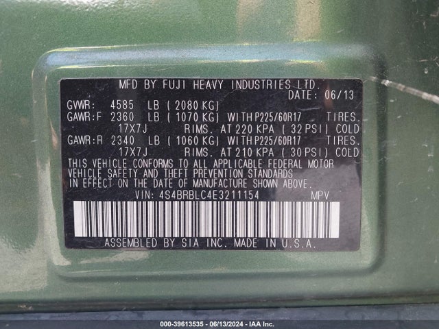 Subaru Outback 2.5i Limited 2014 4S4BRBLC4E3211154 Image 9