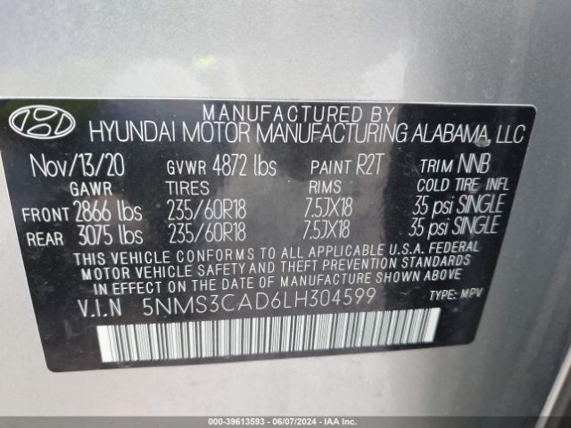 5NMS3CAD6LH304599 Hyundai Santa Fe Sel