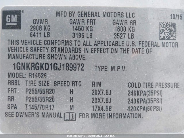 Chevrolet Traverse 1lt 2016 1GNKRGKD1GJ189972 Image 9