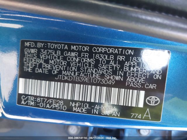 JTDKDTB39E1073049 Toyota Prius C One